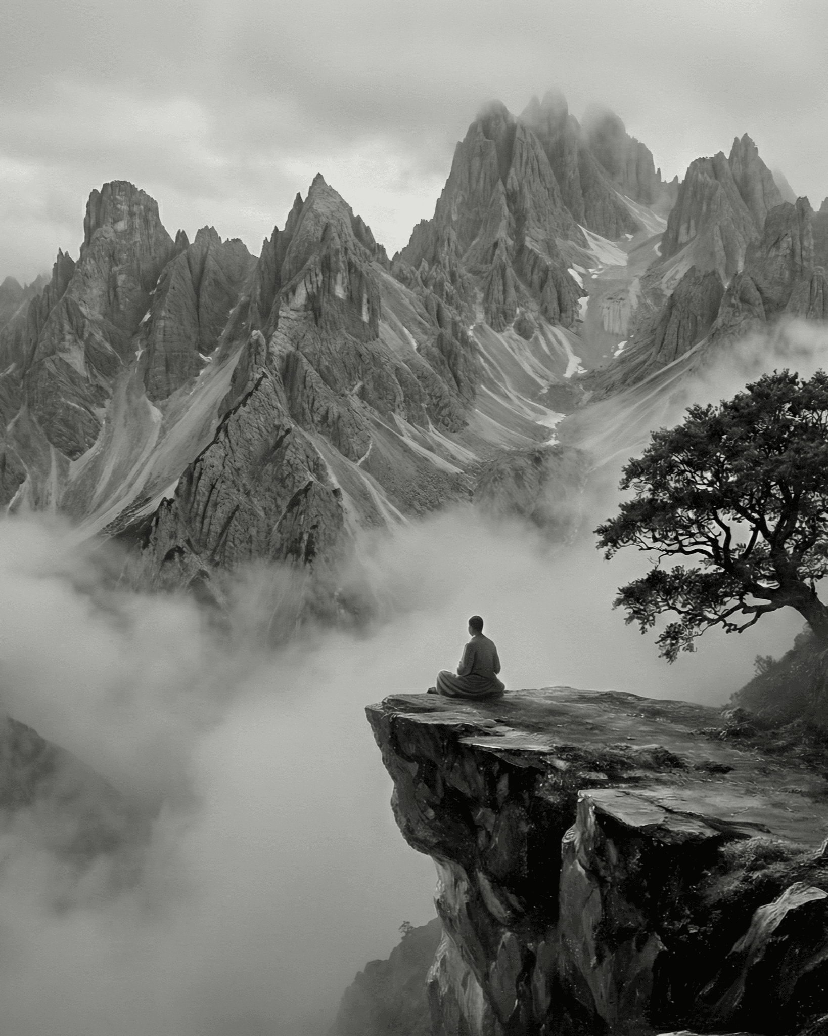 Romantic landscape with figure on cliff at sunset